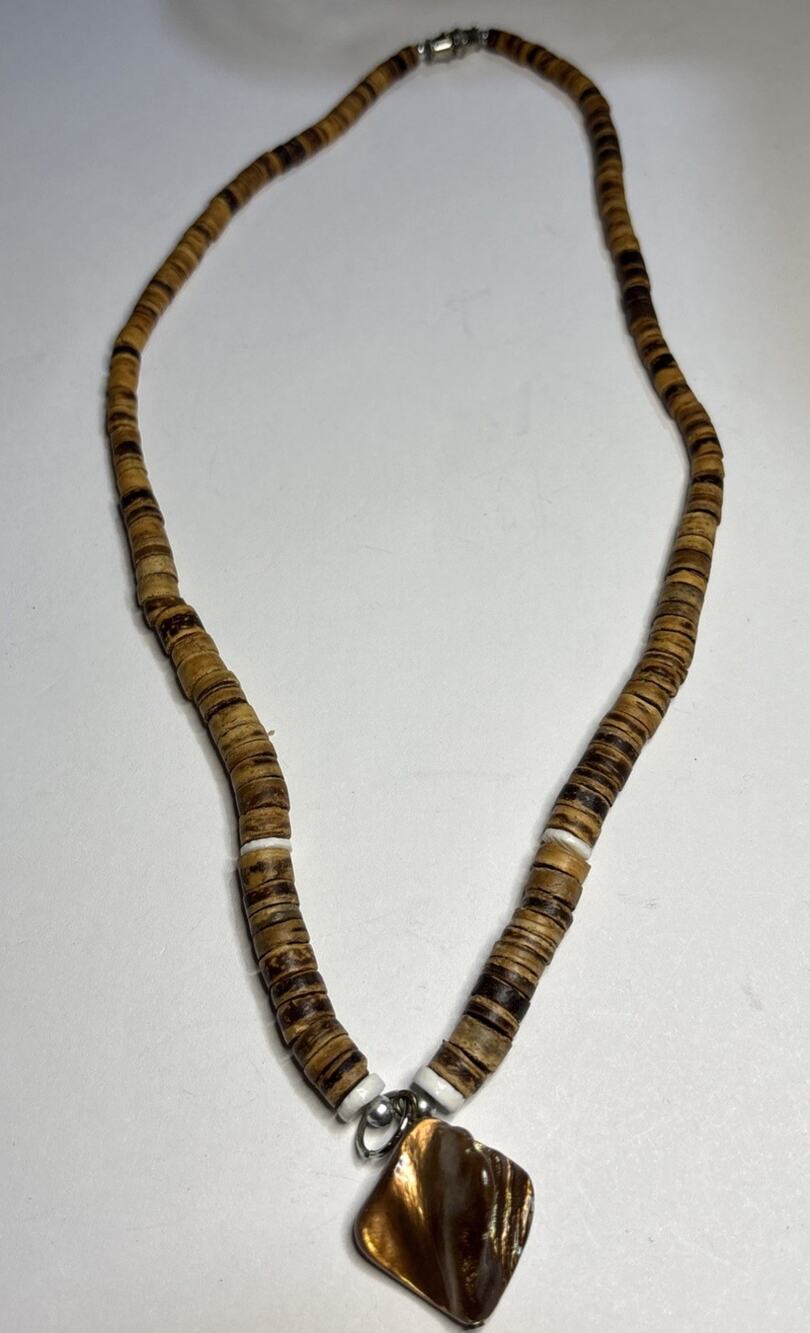 Brown Heishi Bead Necklace Iridescent Diamond Shape Pendant Boho Beach